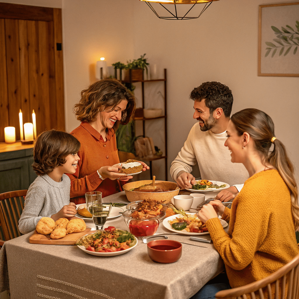 A cheerful family of four enjoying a warm dinner together at a cozy, candle-lit dining table.