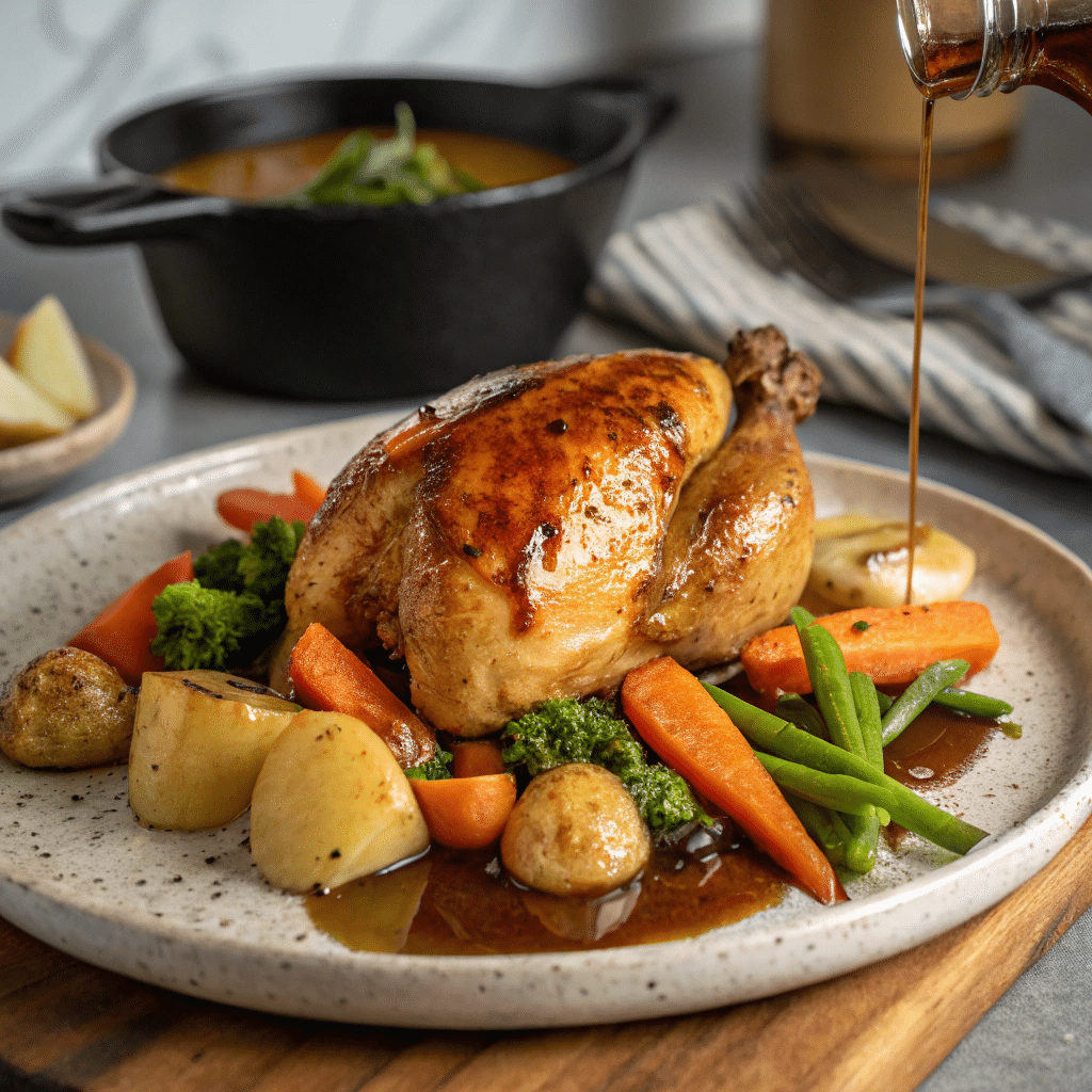 Roast chicken with steamed vegetables and gravy being poured