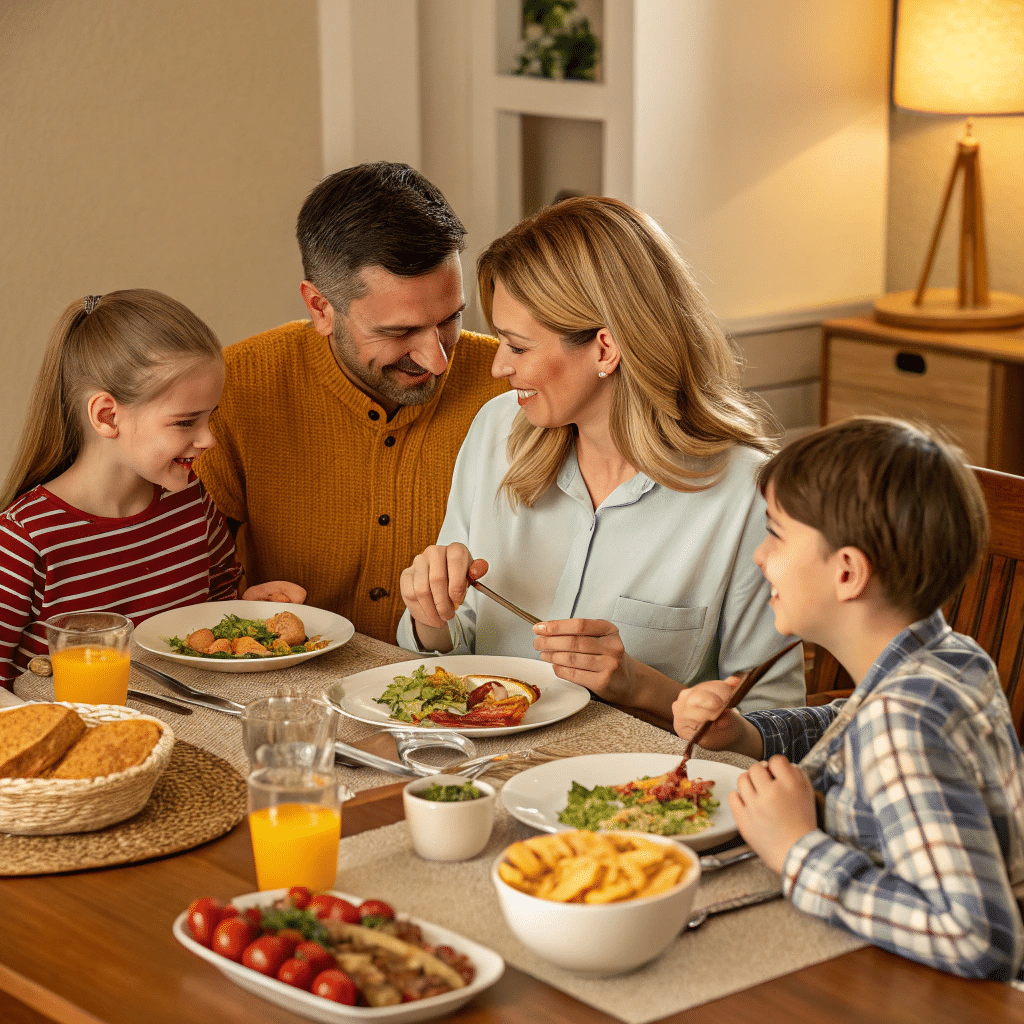 A smiling family of four enjoys a cozy dinner at home, featuring a variety of colorful, gluten-free dishes.