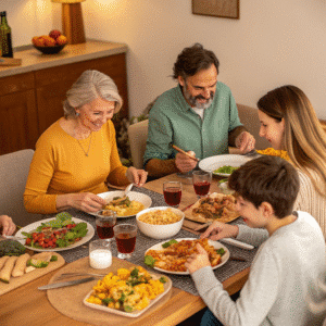 A smiling family of four enjoys a cozy dinner at home, featuring a variety of colorful, gluten-free dishes.