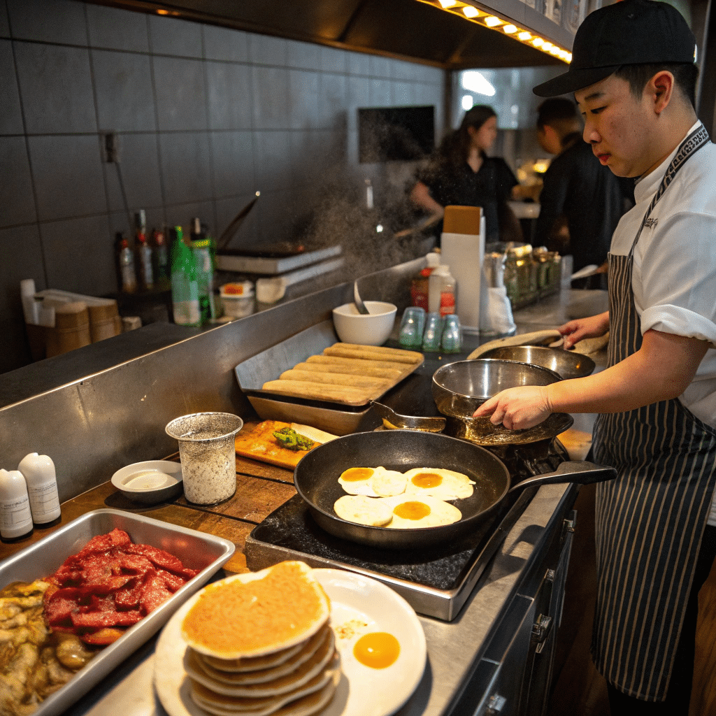 A chef in a commercial kitchen prepares sunny-side-up eggs, with pancakes, sausages, and other breakfast items laid out on the counter.